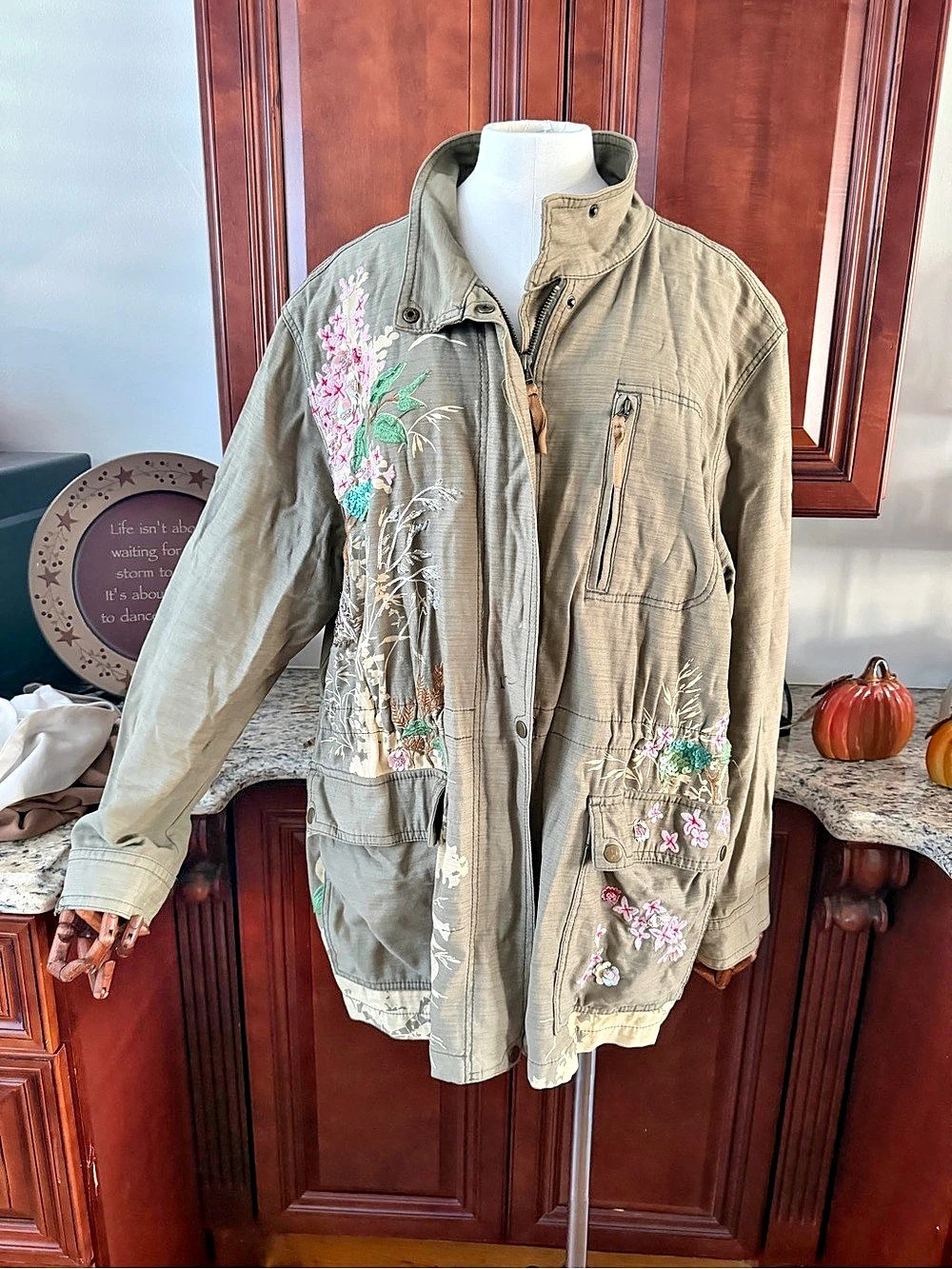 AnthropologieFloral Sequin Embellished Utility Jacket Green